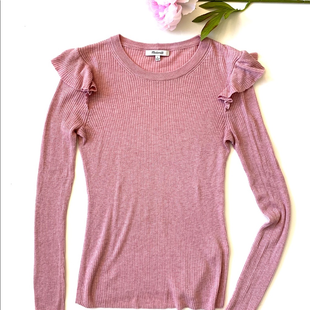 Madewell Ruffle Sleeve pink knit Pullover